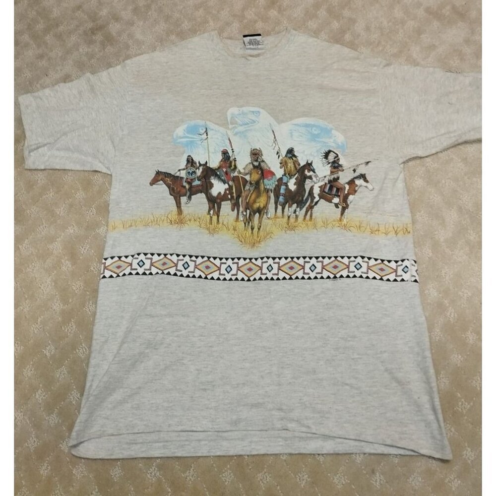 Vintage 90s Signal T Shirt Men's Large Grey Native American Horse Eagle Made USA